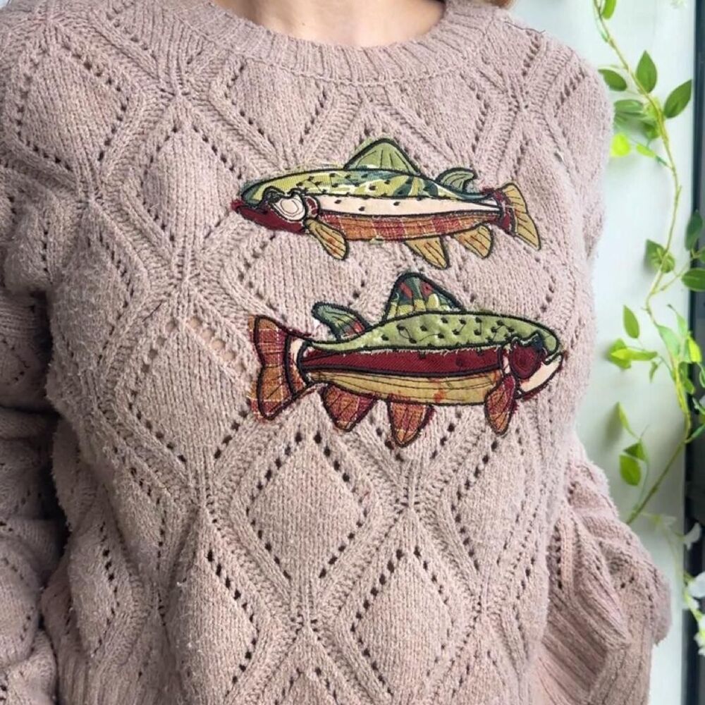 Upcycled mocha brown patchwork fish embroidered soft cozy sweater